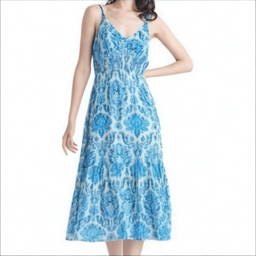 Black Tape Dress Tiered Smocked Bodice Blue Print